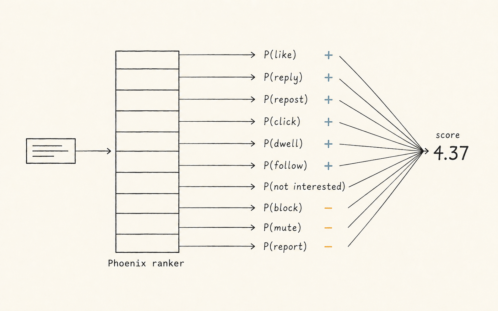 A candidate post enters a Phoenix ranker transformer block. Ten outputs fan out: P(like), P(reply), P(repost), P(click), P(dwell), P(follow) with slate-blue + symbols, and P(not interested), P(block), P(mute), P(report) with amber − symbols. All ten converge into a single score on the right.