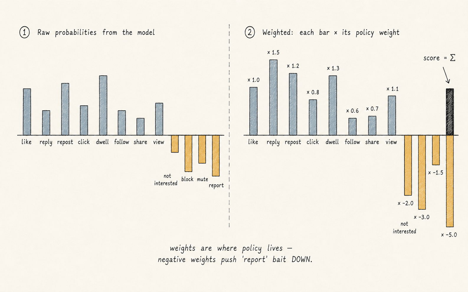Two-panel diagram. ① Raw probabilities: eight slate-blue bars above a baseline (like, reply, repost, …) and four amber bars below (not interested, block, mute, report). ② Weighted: same bars scaled by their policy weights — positive bars amplified, negative bars dramatically lengthened downward with weights like × −5.0 — collapsing into a single 'score = Σ' bar on the right.