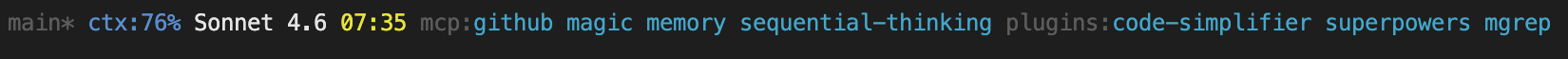 Claude Code status line showing git branch, context remaining, model, time, MCP servers, and plugins